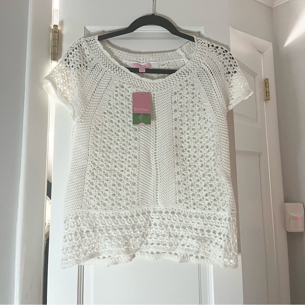 🤍 Lilly Pulitzer 100% Cotton White Crochet Knit Top